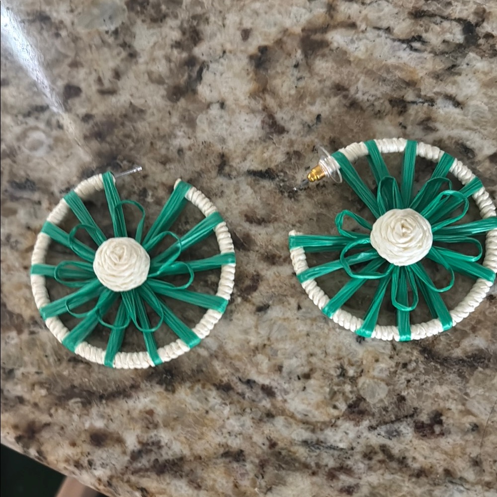 Green and Cream Woven Earrings